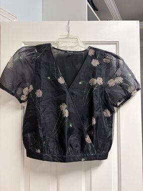 Madewell Sheer Black Floral Puff-Sleeve Cropped Top